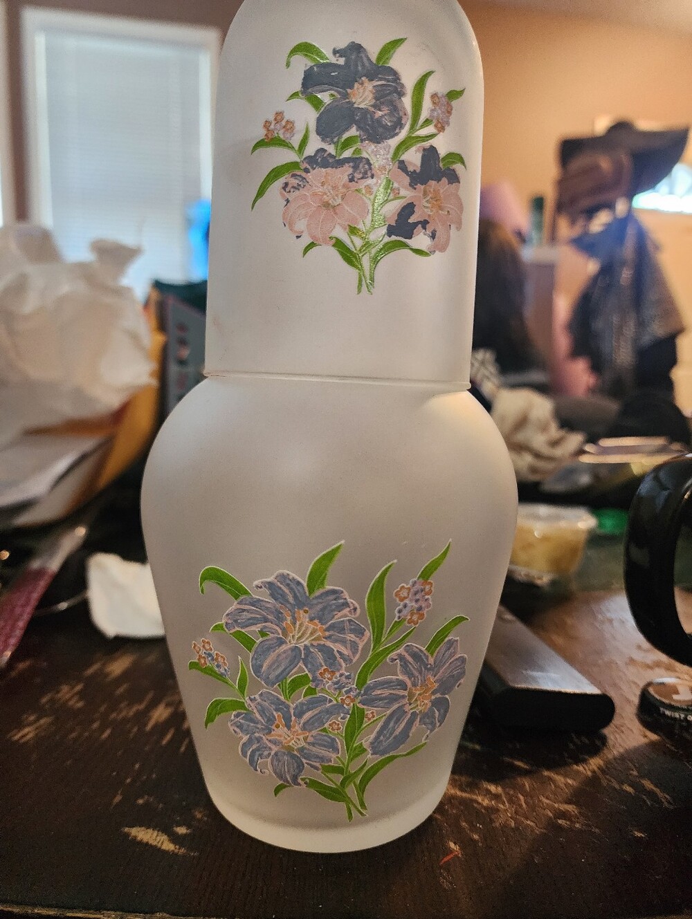 Hand Painted Bedside Carafe With Matching Cup Satin Glass, Vintage 1980's